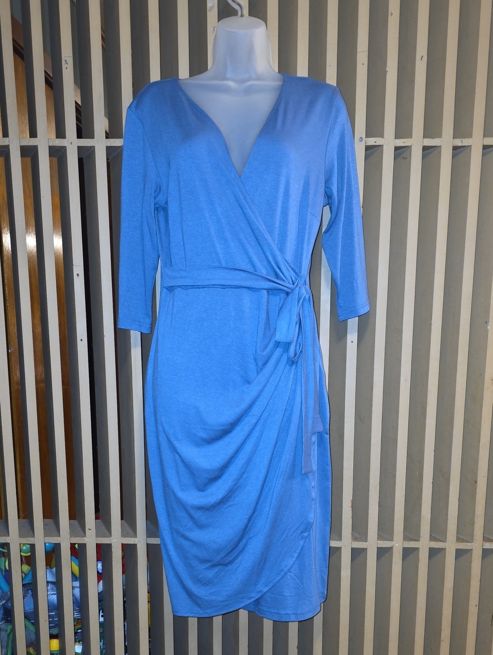 Women's Blue Midi Wrap Dress with Side Tie
